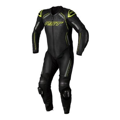 S1 CE Mens Leather Suit - Black / Grey / Flo Yellow