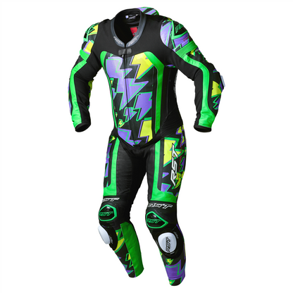 RST Pro Series Evo Airbag CE Mens Leather Suit - Neon Green / Purple Bolt